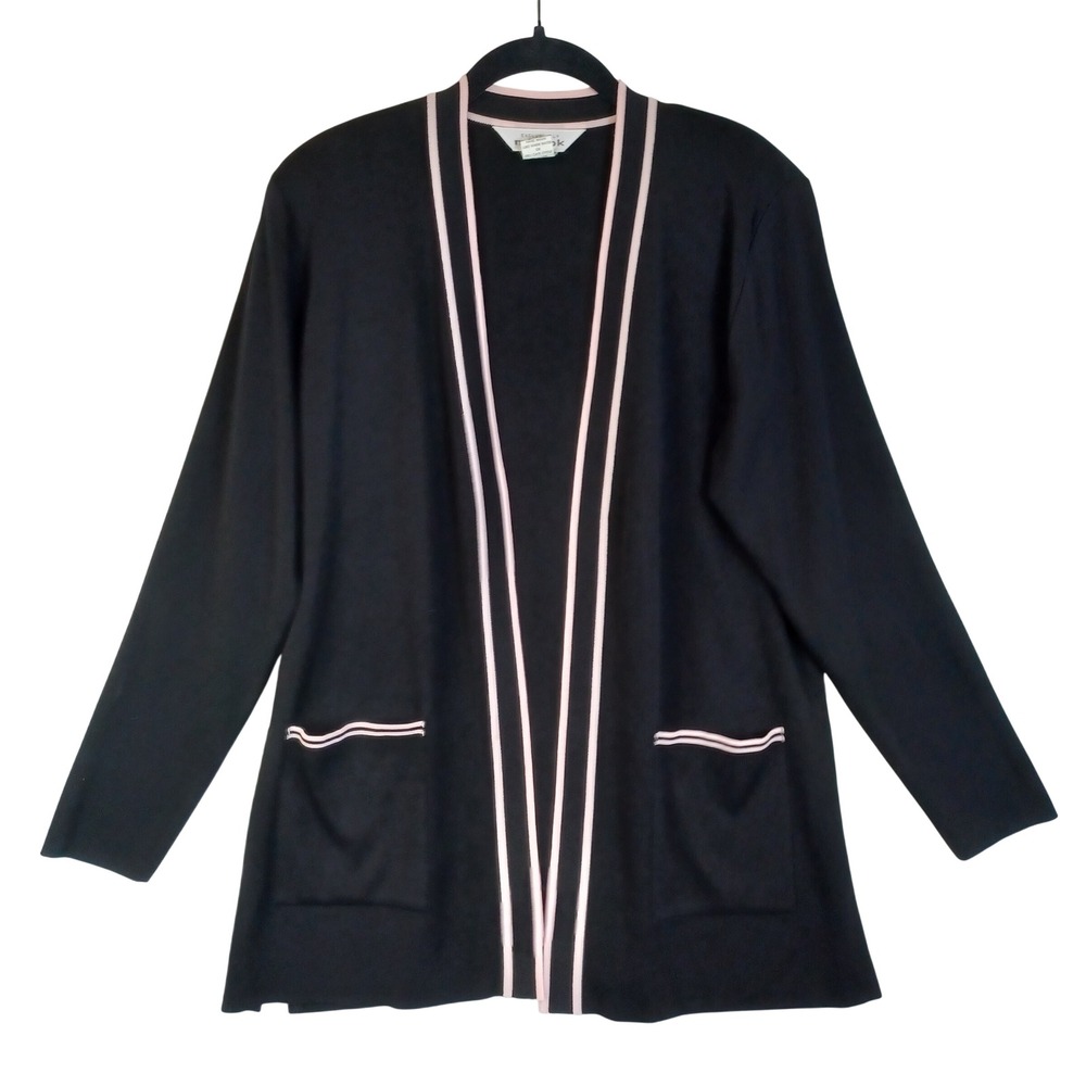 Misook Women Black Pink Trim Open Front Knit Cardigan Sweater Size M Side Slits